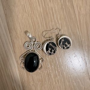 Black Onyx Sterling Silver Pendant and Cat Earrings